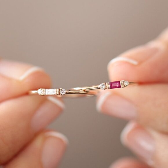 💎 Gold White Chic Rectangle Round Gems Dainty Ring for Women, VIP176 - Picture 4 of 5